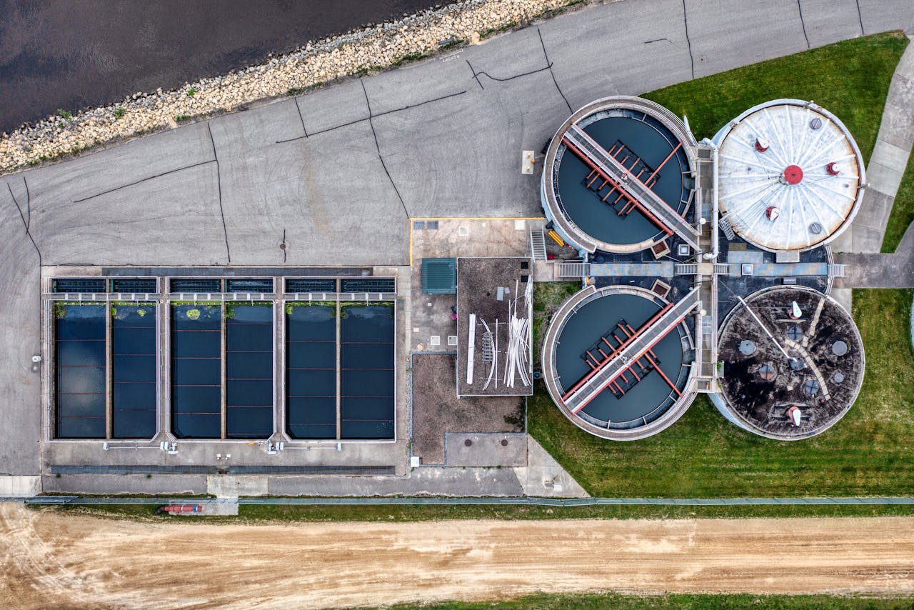 A comprehensive aerial perspective of a water treatment plant in Red Wing, Minnesota.